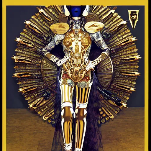 Image similar to haute couture scale armour sf paladin editorial by klimt, biomechanical hornet with metal couture wings by malczewski, ornate wh 4 0 k chaos lord in gold, bismuth and obsidian by giger, on bloody cosmic battleground by alphonse mucha