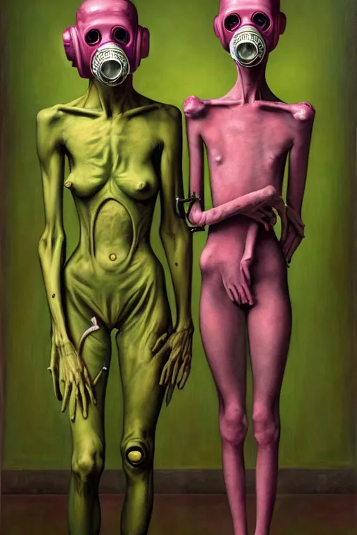 Prompt: two skinny figures with extra limbs, draped in fleshy green and pink, wearing ornate gas masks connected to their hearts, inside an gothic dystopian, abandoned hospital room, high fashion, greg hildebrandt, mark ryden, haunting, hypersurreal, eerie vibrating color palette of charlie immer, highly detailed painting by, jenny saville, soft light 4 k