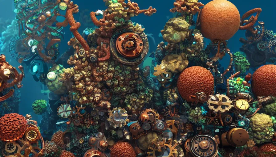 Image similar to steampunk coral reef, octane render, high detail, trending on artstation, high quality wallpaper