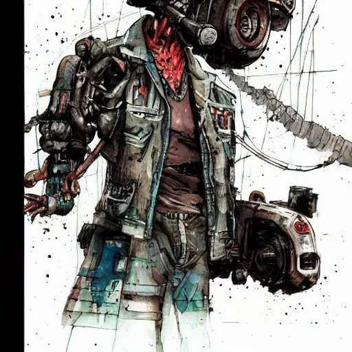 Image similar to watercolor of a cyberpunk mechanic, realistic, detailed, Industrial Scifi, in the style of Ashley Wood and Moebius