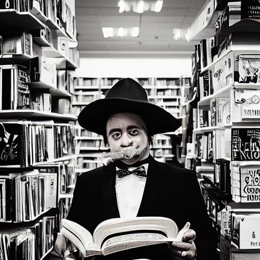 Prompt: “a portrait of an alien mariachi band in a book store, Sigma 24mm f/8”