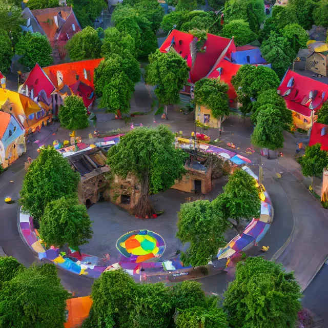 Image similar to colorful colonial city built in a ring around a giant maple tree, huge tree, tallin estonia, cinematic, volumetric, realistic, cinematic lighting, ray tracing, unreal engine 5, octane render, hyper realistic, photo, 8 k