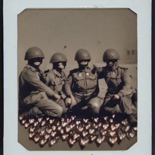 Image similar to soldiers use hearts as weapon. polaroid. old photos. vintage