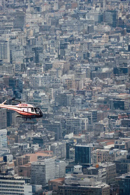 Image similar to a 5 0's helicopter flying over the city