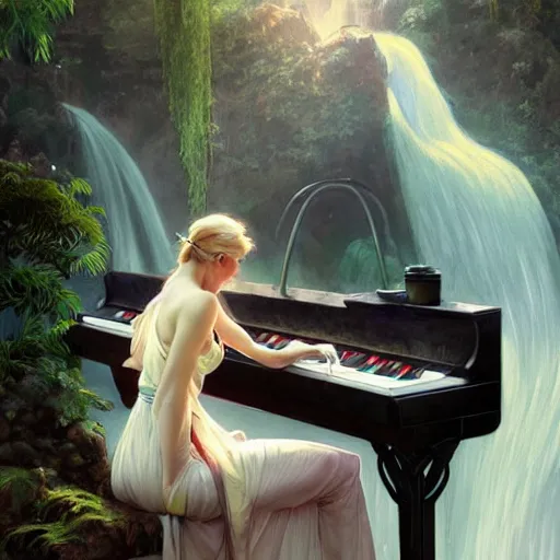 Image similar to maiden sitting on piano combined with waterfall, nature, realistic, cinematic lighting, highly detailed, digital painting, Artstation, illustration, art by Artgerm and Greg Rutkowski and Alphonse Mucha