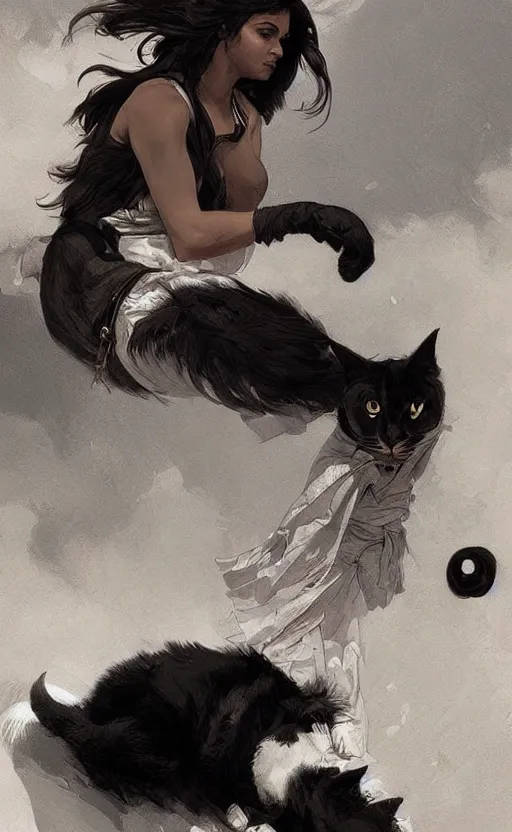 Image similar to an indian girl riding a large black and white cat, highly detailed, digital painting, artstation, concept art, sharp focus, illustration, art by greg rutkowski and alphonse mucha