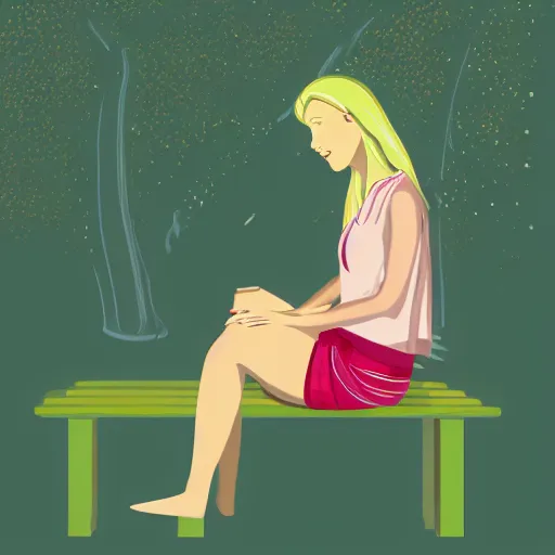 Prompt: a full - frame illustration of young woman with long blond hair sitting on a green bench with her head in her hands, digital art