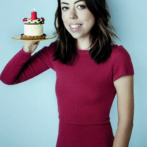 Image similar to aubrey plaza made of birthday cake : : highly detailed food photography : :