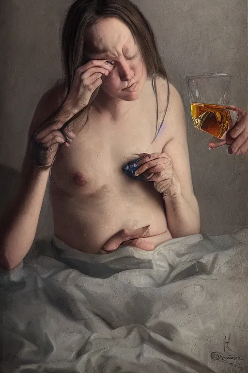 Image similar to lauren's stomach hurting after drinking too much alcohol, oil on canvas, intricate, portrait, 8 k highly professionally detailed, hdr, cgsociety
