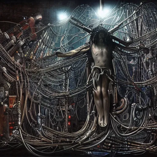 Prompt: a man crucified on a cybernetic sci - fi cross, full of computer elements and cables, symbolic, intricate, hyperdetailed, religious, painting, cyberpunk, in a style of h. r. giger
