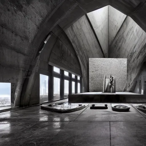 Prompt: architectural digest photo, inside a moody dramatic cavernous huge brutalist cement temple, a giant metallic pyramid made out of high - end hi - fi equipment and futuristic 1 9 8 0's computer screens and displays and computers topped with the giant screaming head of a man, ultra - detailed, photorealistic, volumetric lighting and fog