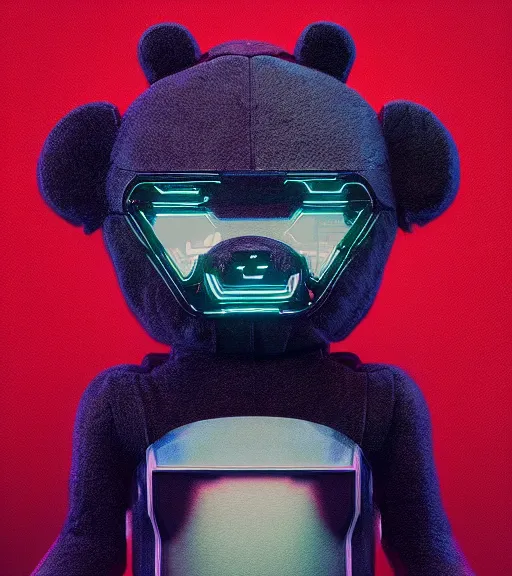 Image similar to portrait of a plush teddy bear, with cool cyberpunk dressing and implants, by greg rutkowski, wlop, beeple, dan mumford. octane render, trending on artstation, greg rutkowski very coherent symmetrical artwork. cinematic, hyper realism, highly detailed, octane render, 8 k, iridescent accents