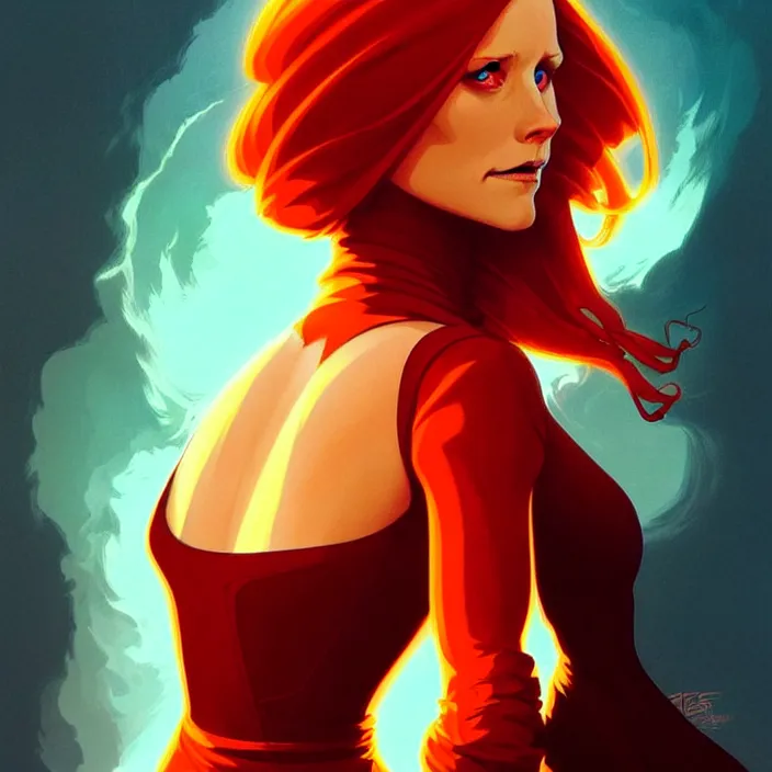 Image similar to style artgerm, joshua middleton, gerald brom, beautiful kristen bell with dark red dress, very long orange hair, symmetrical face, symmetrical eyes, fire powers fire swirling, detailed, volcano setting, cinematic lighting