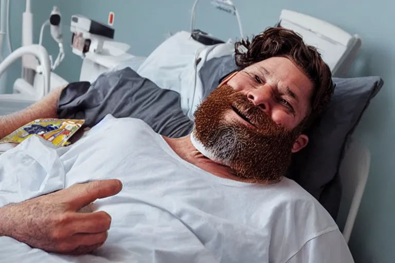 Prompt: “Happy man with big beard having summer vacation in Hospital bed. In the style of retro advertising”
