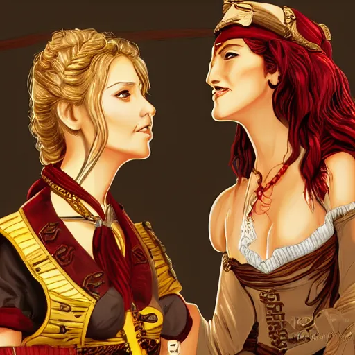 Image similar to a scene of two beautiful female pirate captains standing face to face, detailed digital art by japanese artist