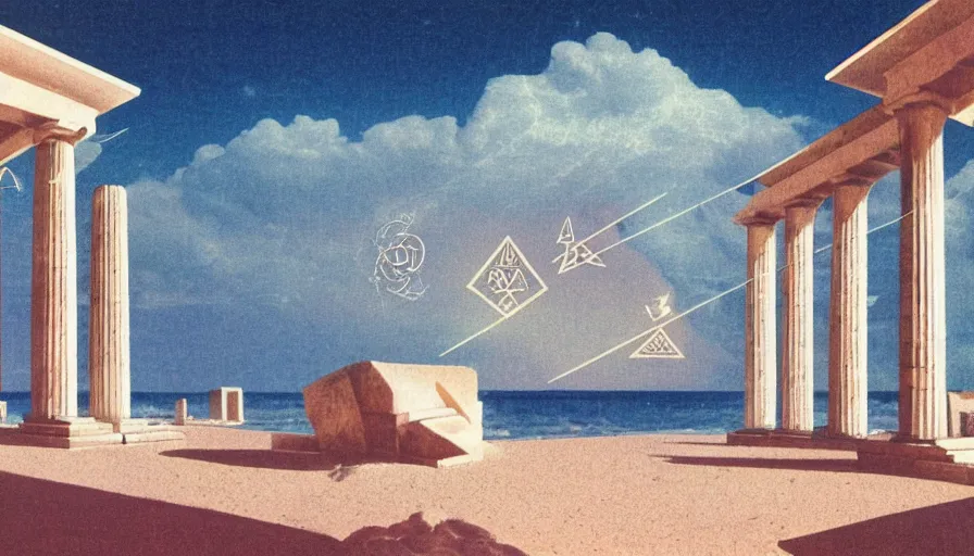 Image similar to A 1985 vintage magazine architecture photo of a beach doric temple, mediterranean architecture, refracted lines and sparkles, thunderstorm outside, beach on the background major arcana sky and occult symbols, hyperrealistic, award-winning, 1985