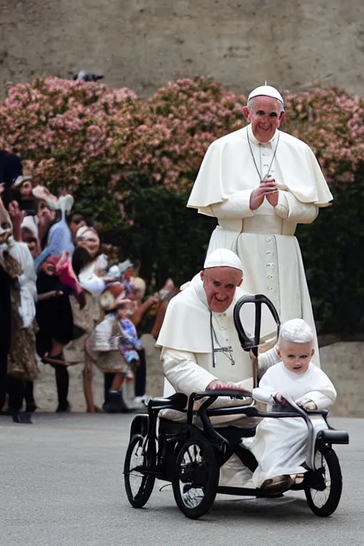 Image similar to the pope riding a childs tricycle