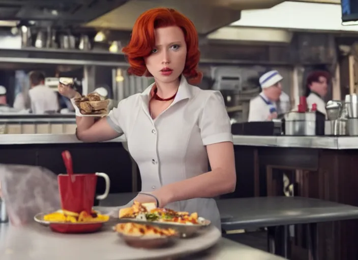 Prompt: Black Widow working as a waitress in a diner in the new avengers movie, 4k