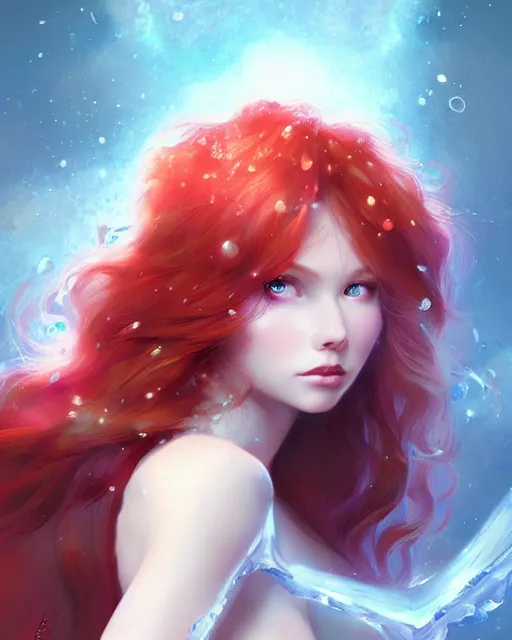 Prompt: red-haired ice princess with pale skin and curly hair, blizzard of shattering cracked glass and crystalline floral splashes, wlop and artgerm, artstation, halo of light, warm glow