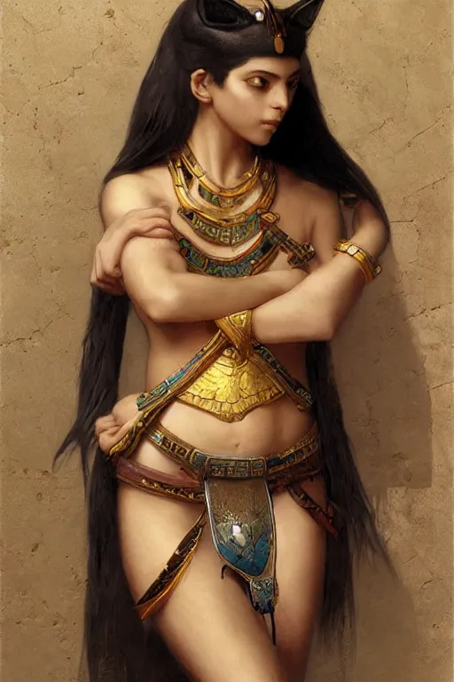 Image similar to portrait of the beautiful egyptian goddess, bastet, bast, woman / cat hybrid, soft torchlight in an egyptian tomb, digital art by ruan jia and mandy jurgens and artgerm and william - adolphe bouguereau, highly detailed, trending on artstation, award winning,