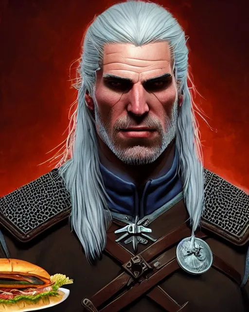 Image similar to portrait of geralt of rivia eating a hamburger, fantasy, intricate, elegant, highly detailed, digital painting, artstation, concept art, smooth, sharp focus, illustration, by artgerm and greg rutkowski