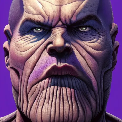 Image similar to thanos closeup portrait, dramatic light, lake background, 2 0 0 mm focal length, painted by stanley lau, painted by greg rutkowski, painted by stanley artgerm, digital art, trending on artstation