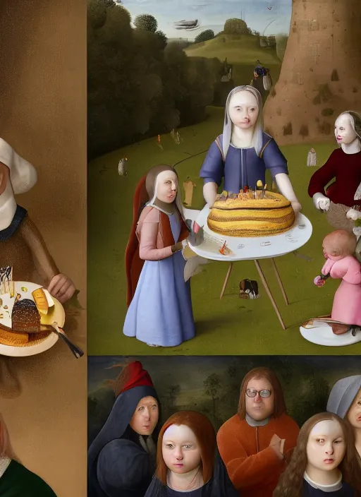 Image similar to greta thunberg eating cakes painted by hieronymus bosch, detailed digital art, trending on Artstation