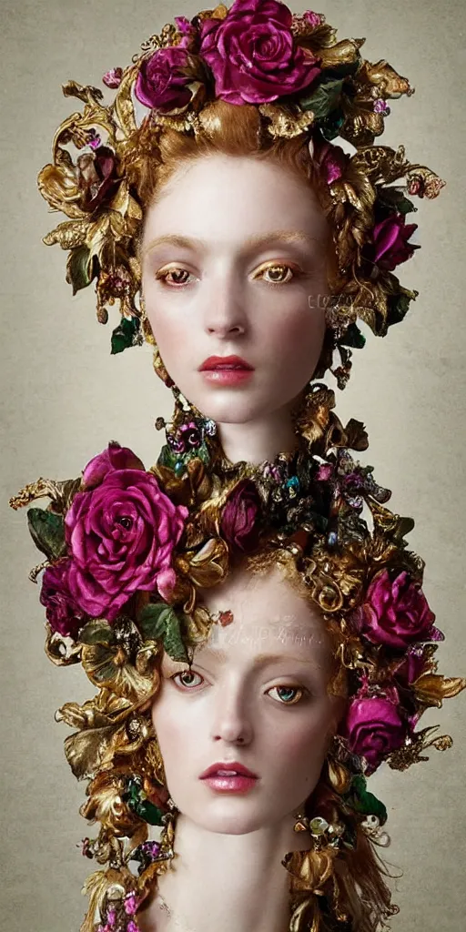 Prompt: fashion headshot portrait of a fairy lady sculpture who has rococo dramatic headdress with roses, dressing tasseled gemstones, by cedric peyravernay, virginie ropars, william holman hunt, gucci, dior, trending on pinterest, hyperreal, jewelry, gold, maximalist