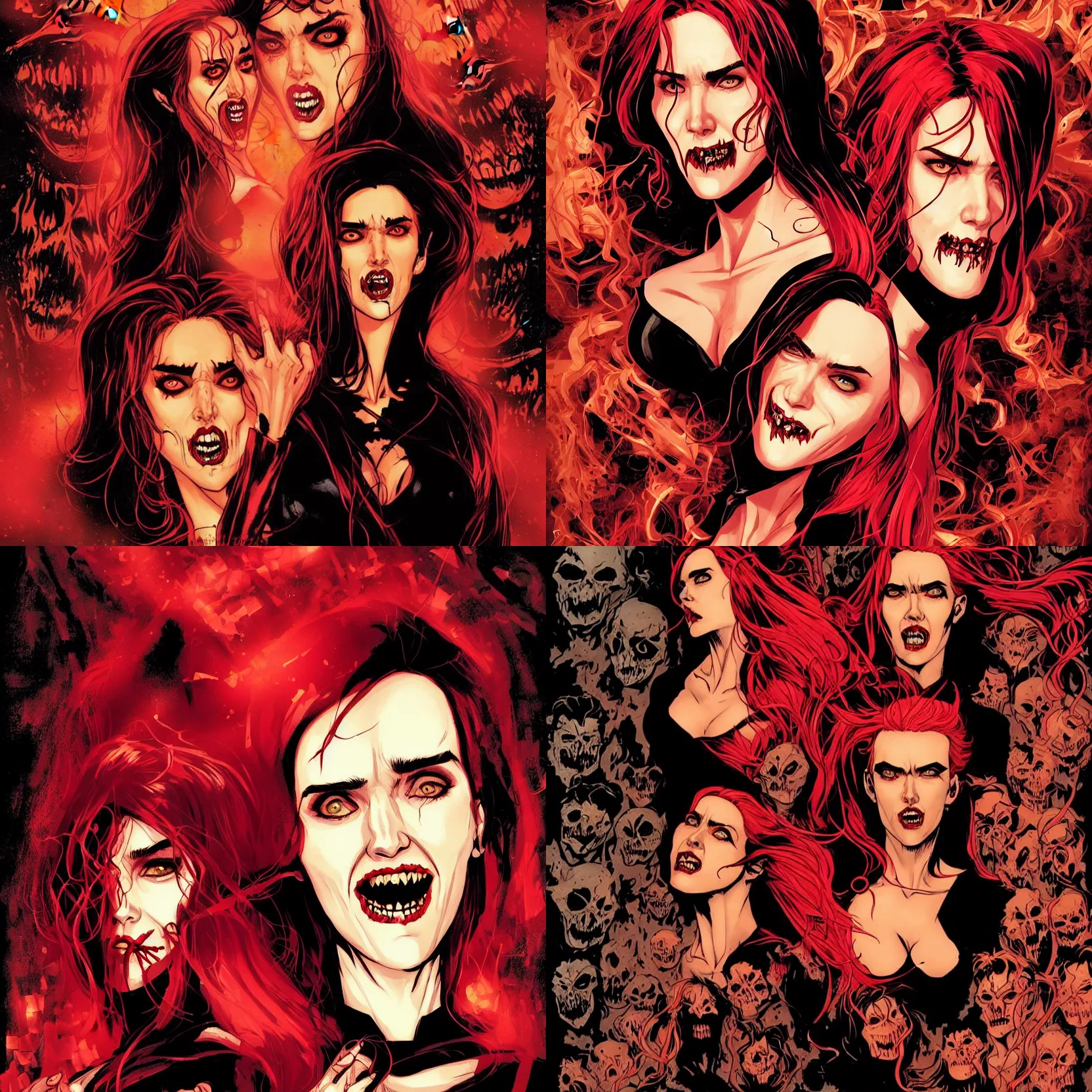 Prompt: in the style of Rafael Albuquerque comicbook cover art, beautiful scary female vampire, Jennifer Connelly single woman, glowing red and gold hair, smiling, sharp teeth, clear clean face, two perfect eyes, perfect eyes perfect symmetrical eyes, symmetrical face, sarcastic pose, surrounded by various kinds of demons, dark and smoky background