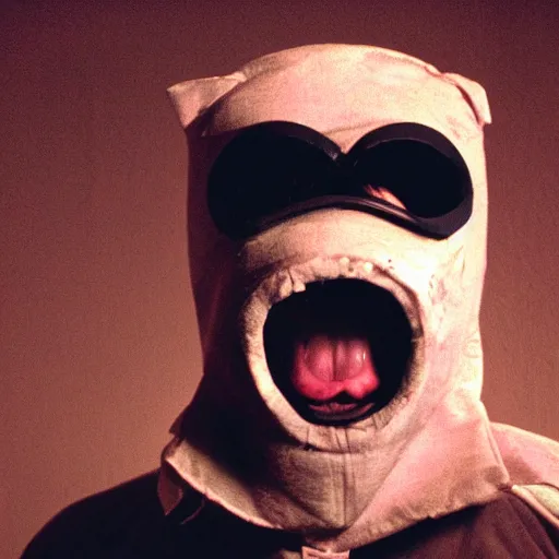 Image similar to creppy 2 0 0 3 photo of a pig masked man screaming in a dark room