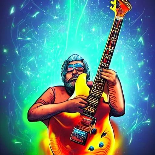 Image similar to a Jerry Garcia guitarist playing so intensely there is electricity shooting out from his guitar, energy beams under his finger tips, and magic sparkles from the freboard, amazing ditial art, trending on artstation, featured on deviantart