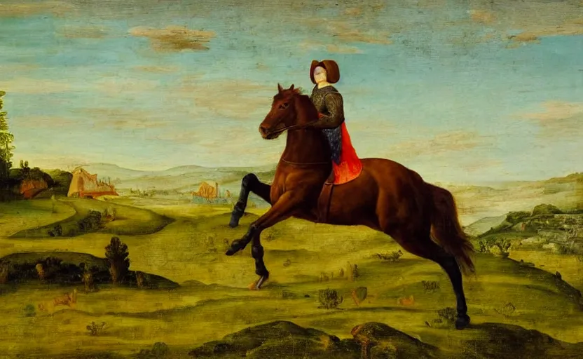 Prompt: a renaissance oil painting of a horse riding on a horse in a green meadow