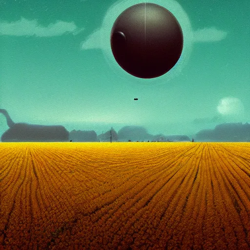 Prompt: big orb eye flying above the yellow field of wheat by simon stolenhag artstation dark moody colorful digital art