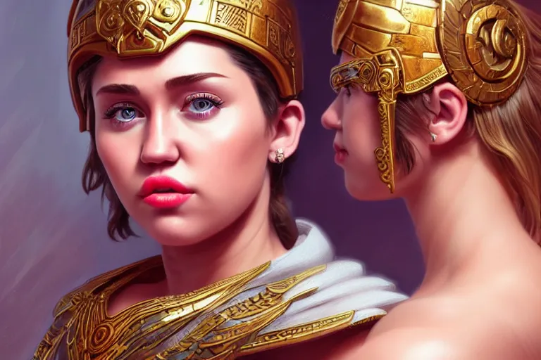 Image similar to miley cyrus as greek goddess athena, closeup, d & d, fantasy, intricate, elegant, highly detailed, digital painting, artstation, concept art, matte, sharp focus, illustration, hearthstone, art by artgerm and greg rutkowski and alphonse mucha