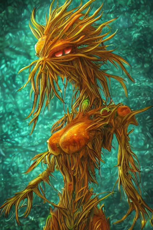 Image similar to a humanoid plant monster, amber glow, highly detailed, digital art, sharp focus, trending on art station, plant, anime art style