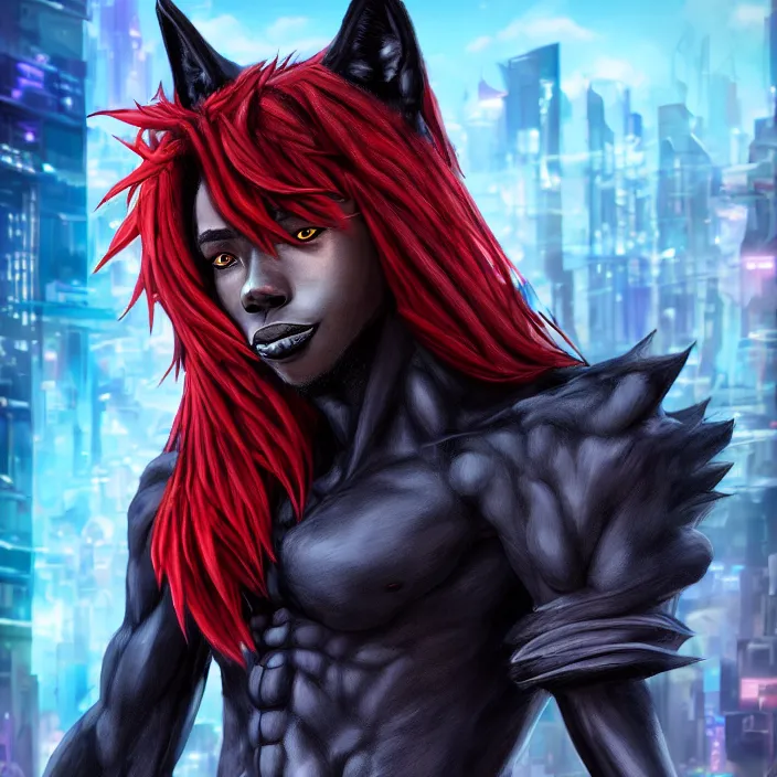 Image similar to portrait of male anthropomorphic black anime wolf, long red hair, blue eyes, in a futuristic city, hyper detailed, digital art, trending on artstation, cinematic lighting, studio quality, smooth render, unreal engine 5 rendered, octane rendered, 1 : 1 aspect ratio