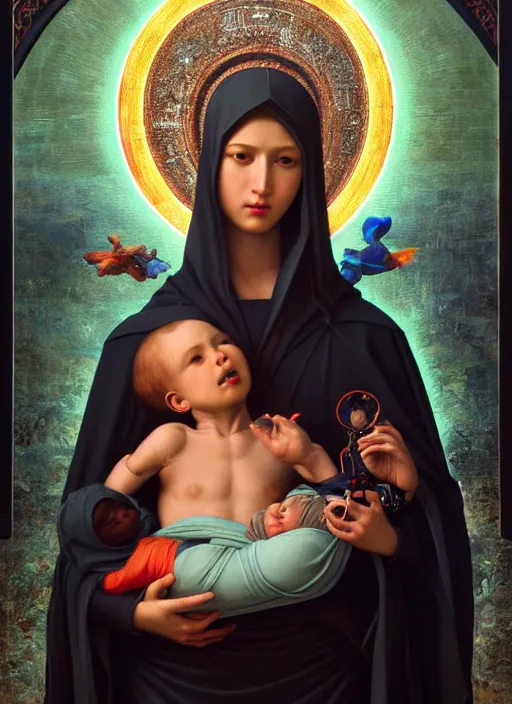 Prompt: realistic detailed 8k photo of futuristic holy cyborg-mother holding a newborn baby child in hands by Raphael Santi, orthodox icon Neo-Gothic, gothic, rich deep colors. masterpiece, intricate artwork by Tooth Wu and wlop and beeple, greg rutkowski