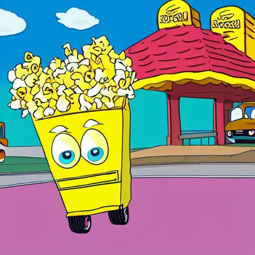 Image similar to cartoon Sponge riding a uniccyle at 3 in the morning while a cartoon kernel of popcorn yells for him to get off his lawn pixar style