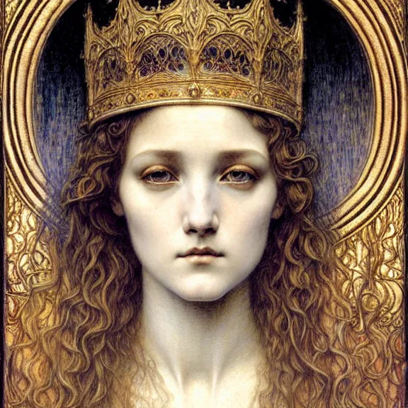 Image similar to detailed realistic beautiful young medieval queen face portrait by jean delville, gustave dore and marco mazzoni, art nouveau, symbolist, visionary, gothic, pre - raphaelite. horizontal symmetry