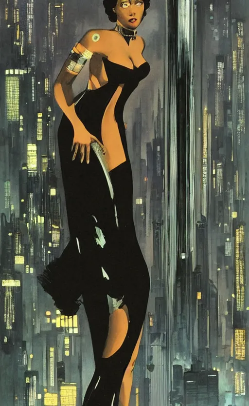 Prompt: an elegant Black woman in dress and heels, her back is to us, looking at a futuristic Blade Runner city, by Robert McGinnis
