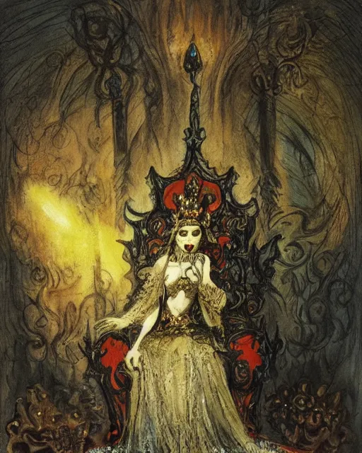 Image similar to an illustration of a dark queen on a throne at night by marc davis and by gustave moreau, realistic, gouache, painting