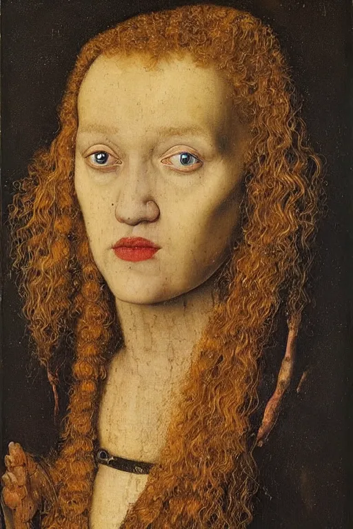 Image similar to portrait of julia garner as delirium of the endless, sandman, oil painting by jan van eyck, northern renaissance art, oil on canvas, wet - on - wet technique, realistic, expressive emotions, intricate textures, illusionistic detail