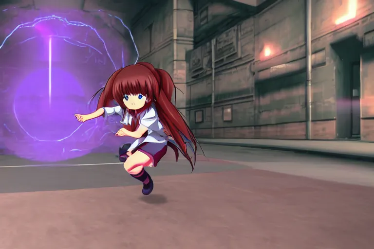 Prompt: an anime girl in a screenshot of the video game doom, the anime girl is running away