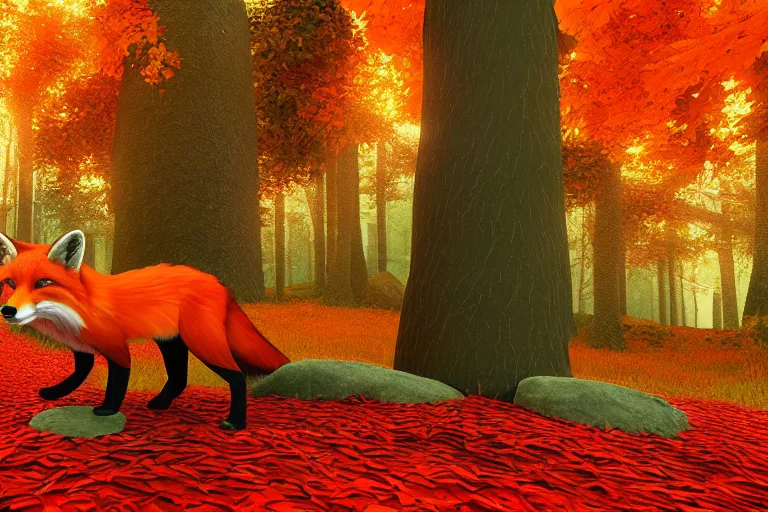 Image similar to super detailed color lowpoly art, red fox in an autumn maple forest, unreal engine, retrowave color palette, 3 d render, lowpoly, colorful, digital art, perspective