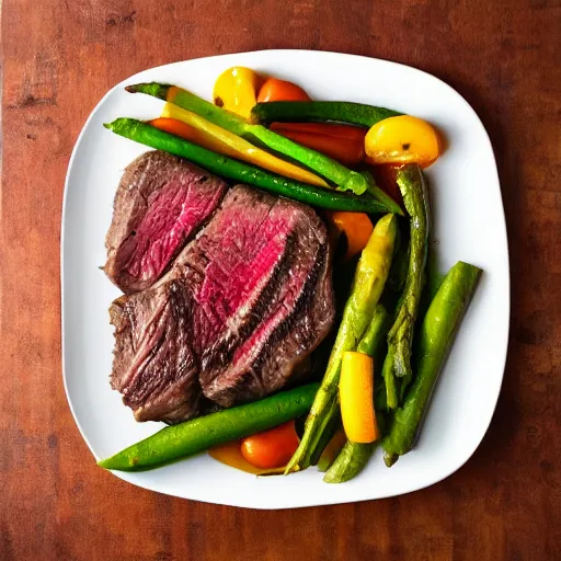 Prompt: steak dinner, large square white plate, vegetables, 4 k