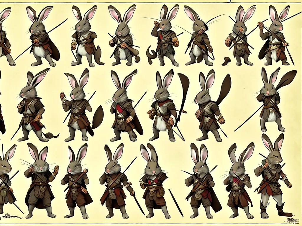 Image similar to character design sheet for a group of heroic rabbit archers on a parchment background, redwall, greg rutowski and jean baptiste monge, very very detailed, epic fantasy concept art