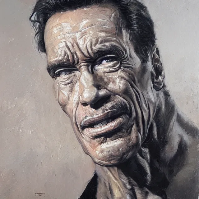 Prompt: a painting of a arnold shwarzenegger, investor asking for money by tim okamura, featured on artstation, classical realism, hyper realism, fine art, cgsociety