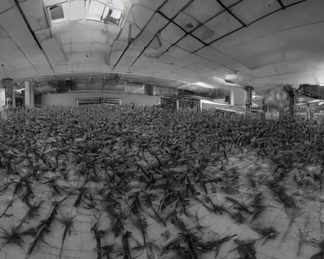 Image similar to camera footage of a Hundreds of Rabid Zerg in an abandoned shopping mall, high exposure, dark, monochrome, camera, grainy, CCTV, security camera footage, timestamp, zoomed in, fish-eye lens, Nightmare Fuel, Aliens, Evil, Zerg, Brood Spreading, Motion Blur, Hive, horrifying, lunging at camera :4