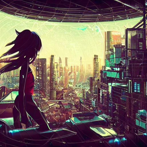 Prompt: anime android mechanical cyborg girl in overcrowded urban dystopia gigantic future city night raining makoto shinkai wide angle distant shot dark and dreary