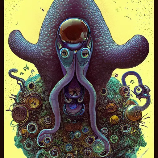 Image similar to highly detailed illustration of a nausicaa alien cephalopod in a world overgrown with fungus and spores, diffuse lighting, fog, stunning atmosphere, religious imagery, huge gargantuan black sun, muted colors, by kilian eng and james jean